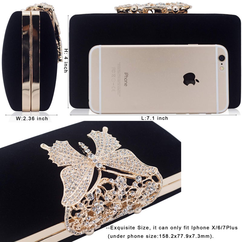 DEXMAY DM Dexmay Unique Velvet Clutch with Rhinestone Crystal Butterfly Clasp Women Evening Bag for Formal Party Black - Image 5